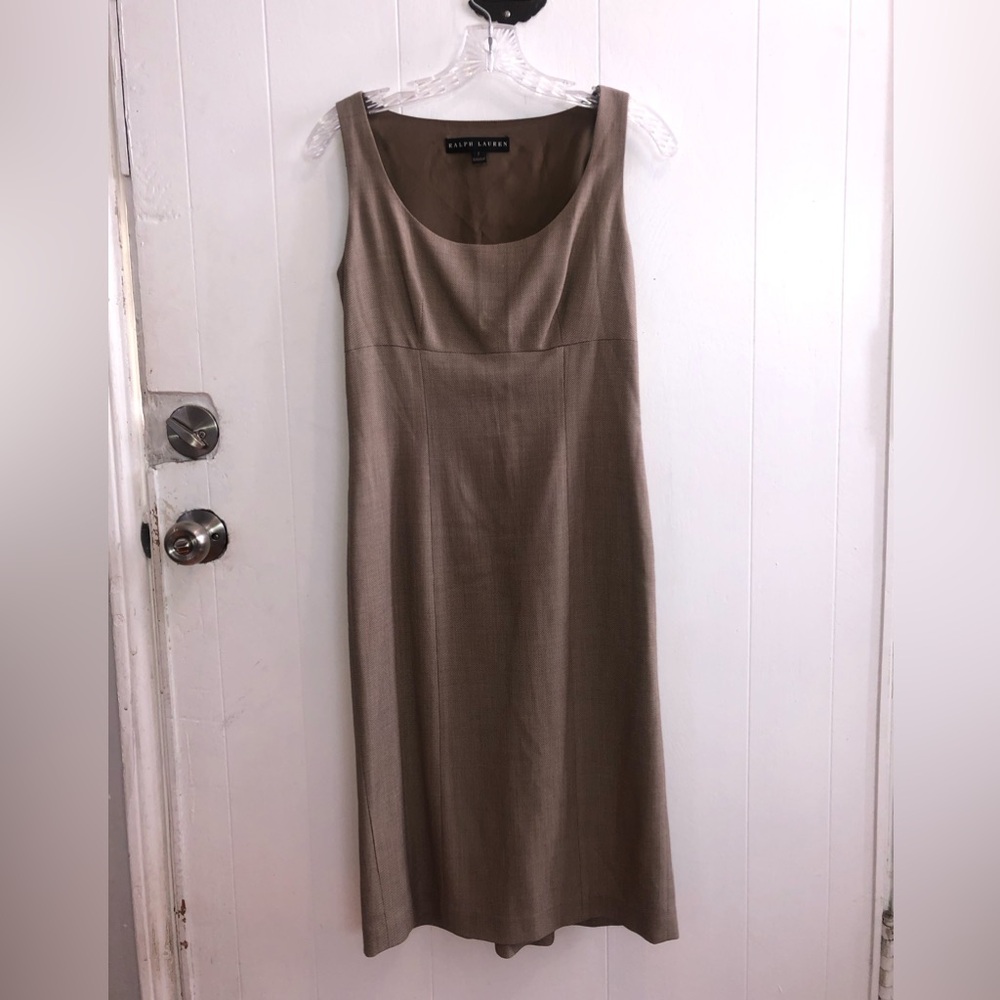 Ralph Lauren Collection sleeveless sheath dress in khaki pattern. New with tags.